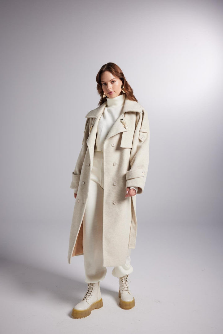 Accessorized Wool Blended Cashmere Maxi Woody Ecru Coat-2