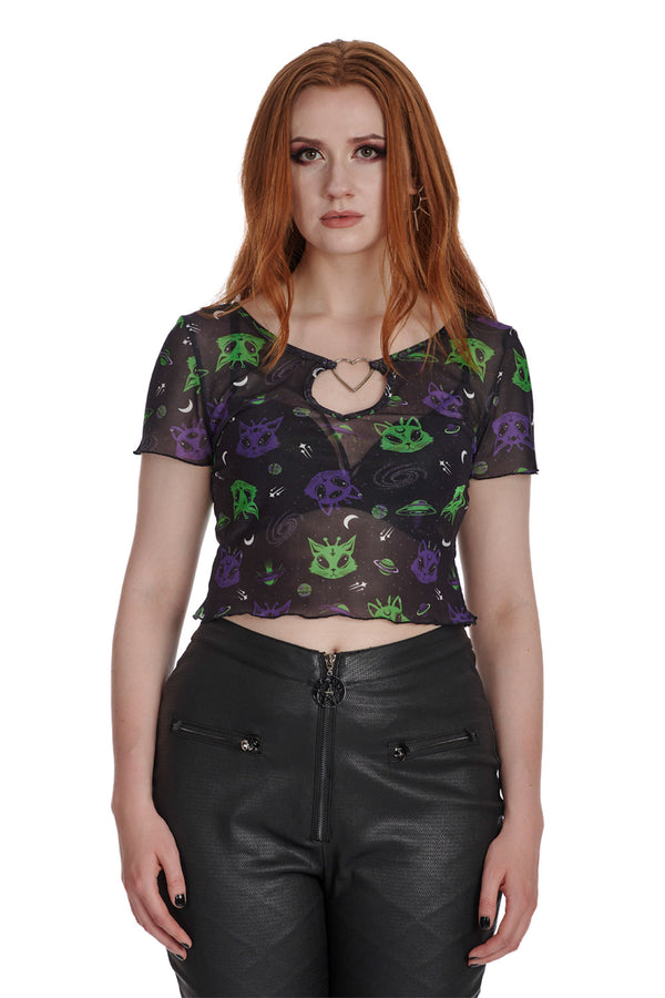 ALIEN SPACE CAT MESH CUT-OUT TOP