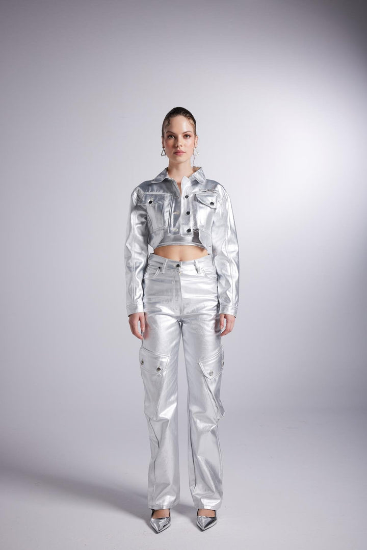 Metallic Grey Glossy Millen Cropped Jacket-3