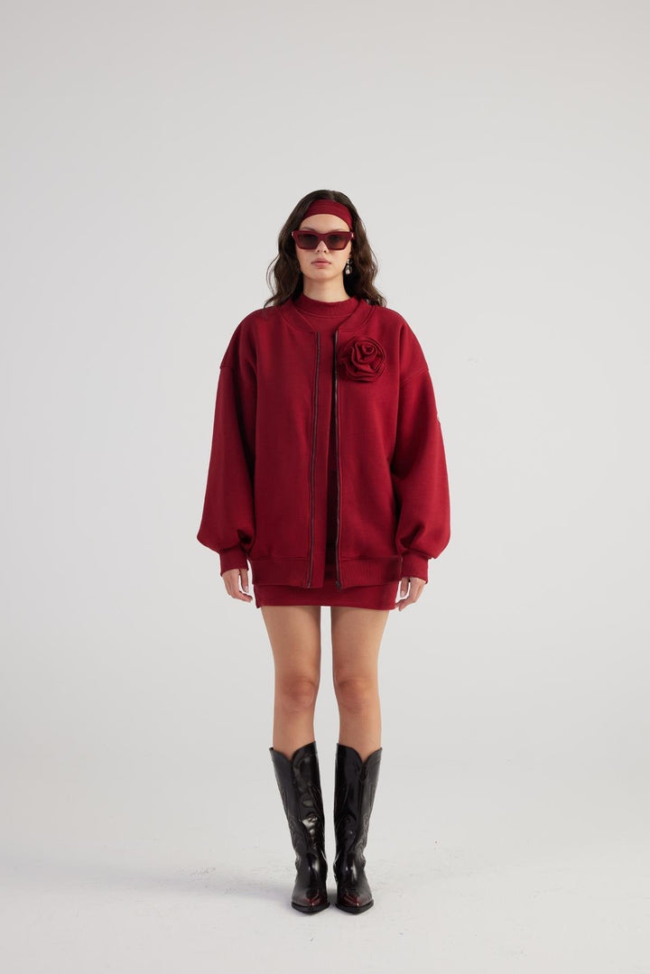 Alexa Burgundy Oversize Bomber Jacket with Removable Rose Accessory-2