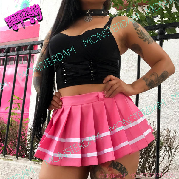 Monsterdam - Pleated Solid PINK w/ white stripe Mini Skirt by Monsterdam