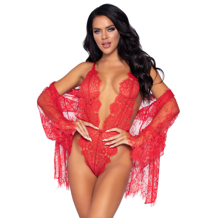 Leg Avenue Floral Lace Teddy and Robe Red by Leg Avenue Lingerie