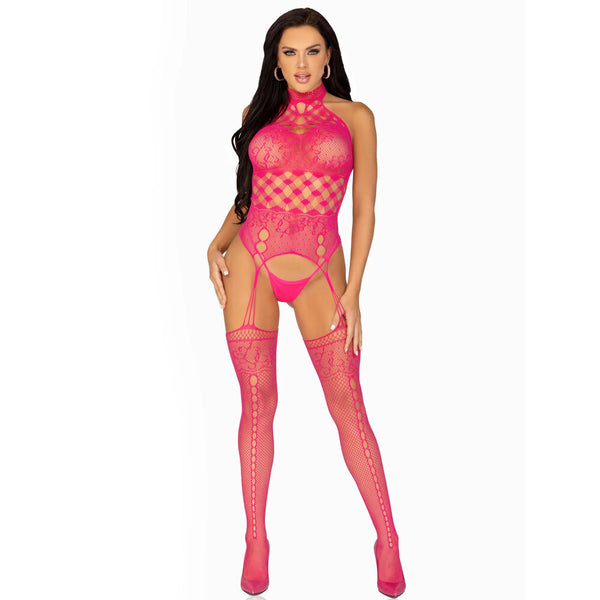 Leg Avenue High Neck Halter Net And Lace Suspender UK 6 to 12 by Leg Avenue Lingerie