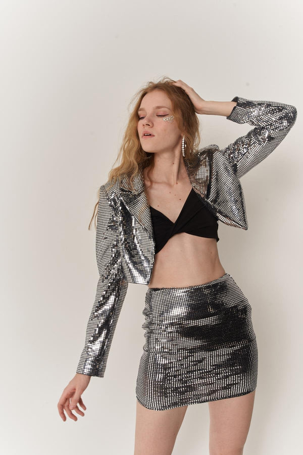 Glammy Silver Sequin Cropped Jacket-0