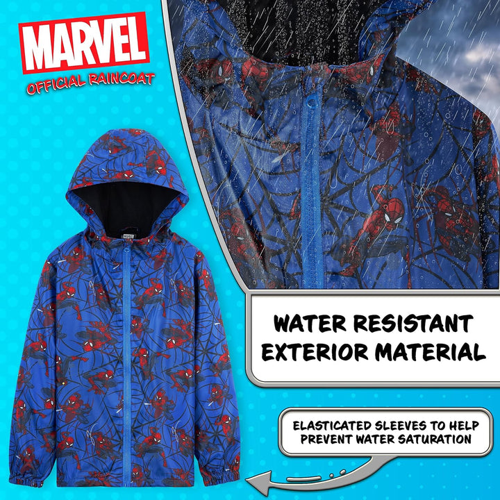 Marvel Boys Waterproof Spider-Man Hooded Fleece Rain Jacket 4-14 Years