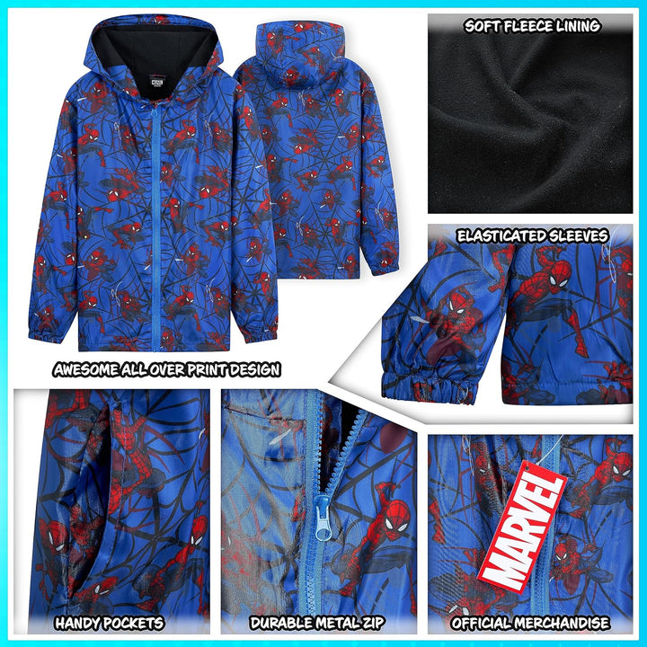 Marvel Boys Waterproof Spider-Man Hooded Fleece Rain Jacket 4-14 Years