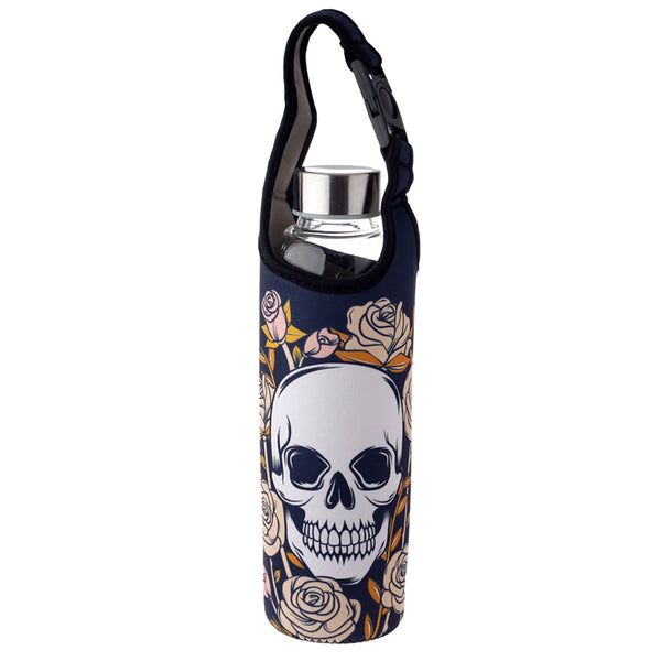 Reusable 500ml Glass Water Bottle with Protective Neoprene Sleeve - Skulls & Roses BOT106 by Puckator