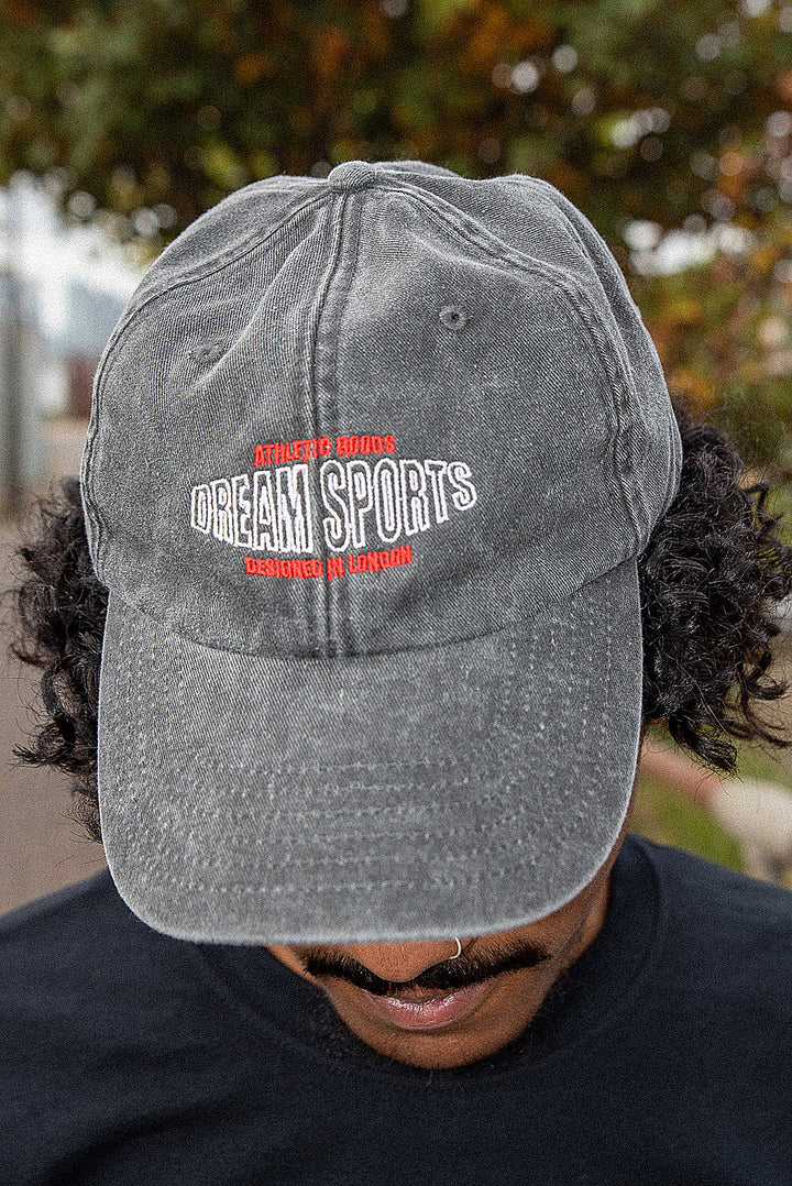 Cap In Vintage Black With Dream Sports Embroidery by Dreambutdonotsleep