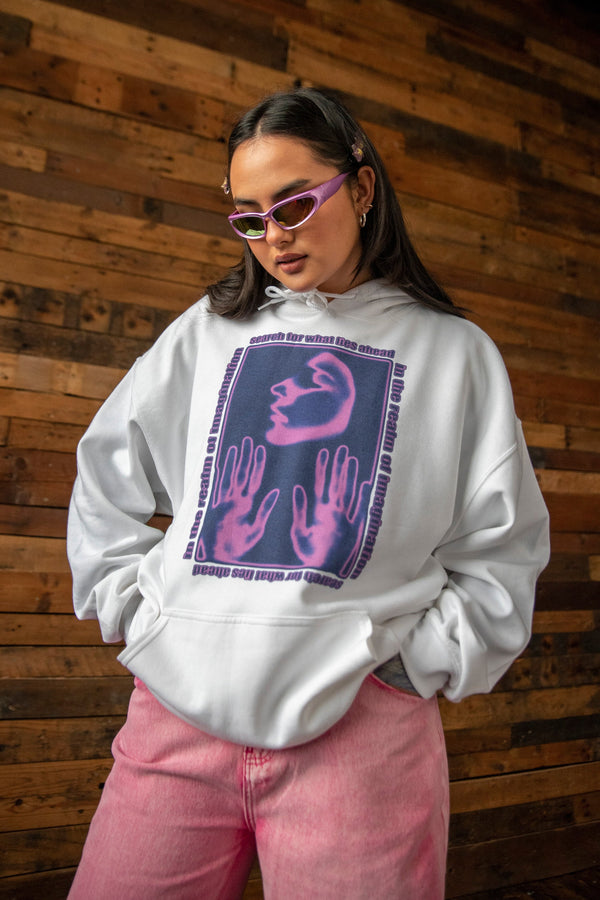 Hoodie in White With The Realm of Imagination Print by Dreambutdonotsleep