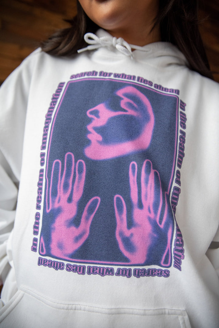 Hoodie in White With The Realm of Imagination Print by Dreambutdonotsleep