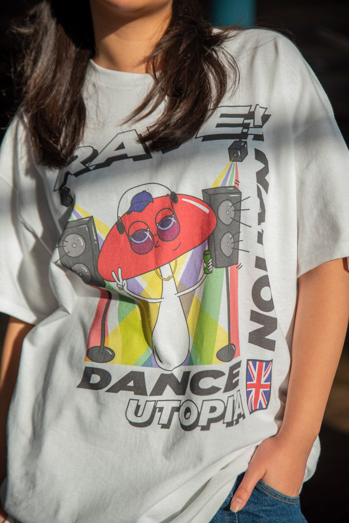 Short Sleeved T-shirt in White with Mushroom Dance Utopia Print-1