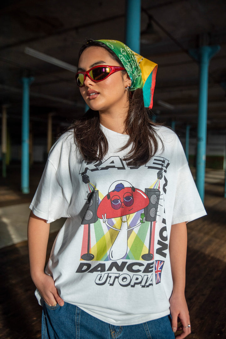 Short Sleeved T-shirt in White with Mushroom Dance Utopia Print-0