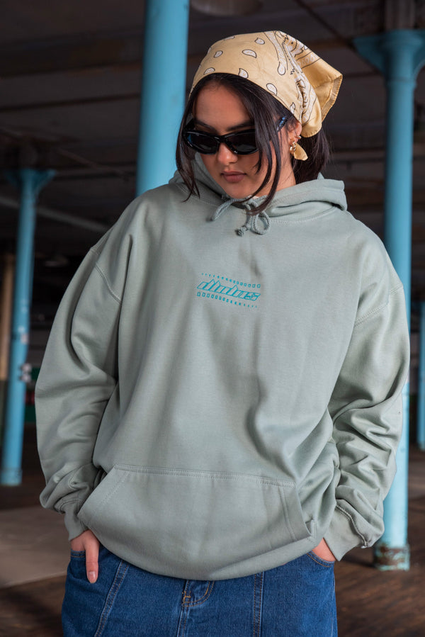 Unisex Hoodie in Dusty Green with Futuristic Logo Embroidery by Dreambutdonotsleep