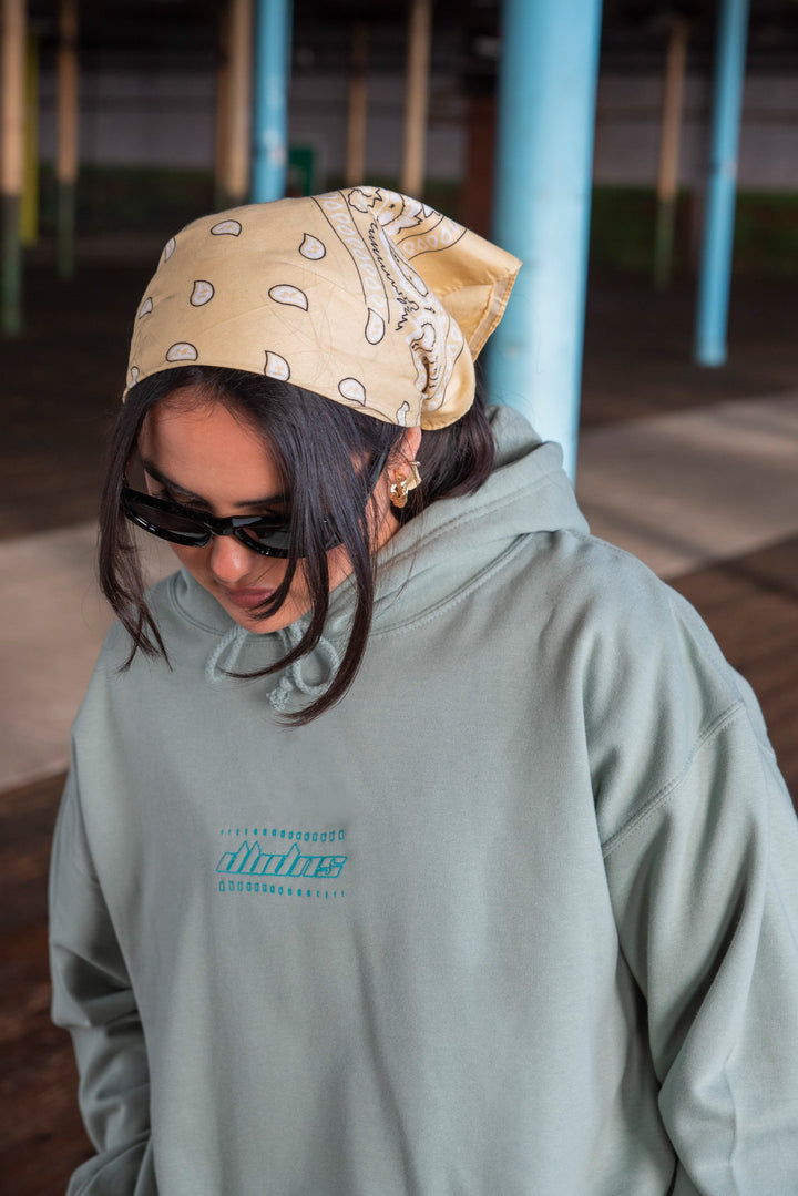 Unisex Hoodie in Dusty Green with Futuristic Logo Embroidery by Dreambutdonotsleep