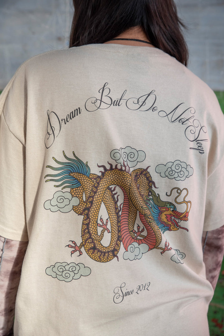 Short Sleeved T-shirt in Sand With Chinese Dragon Print by Dreambutdonotsleep