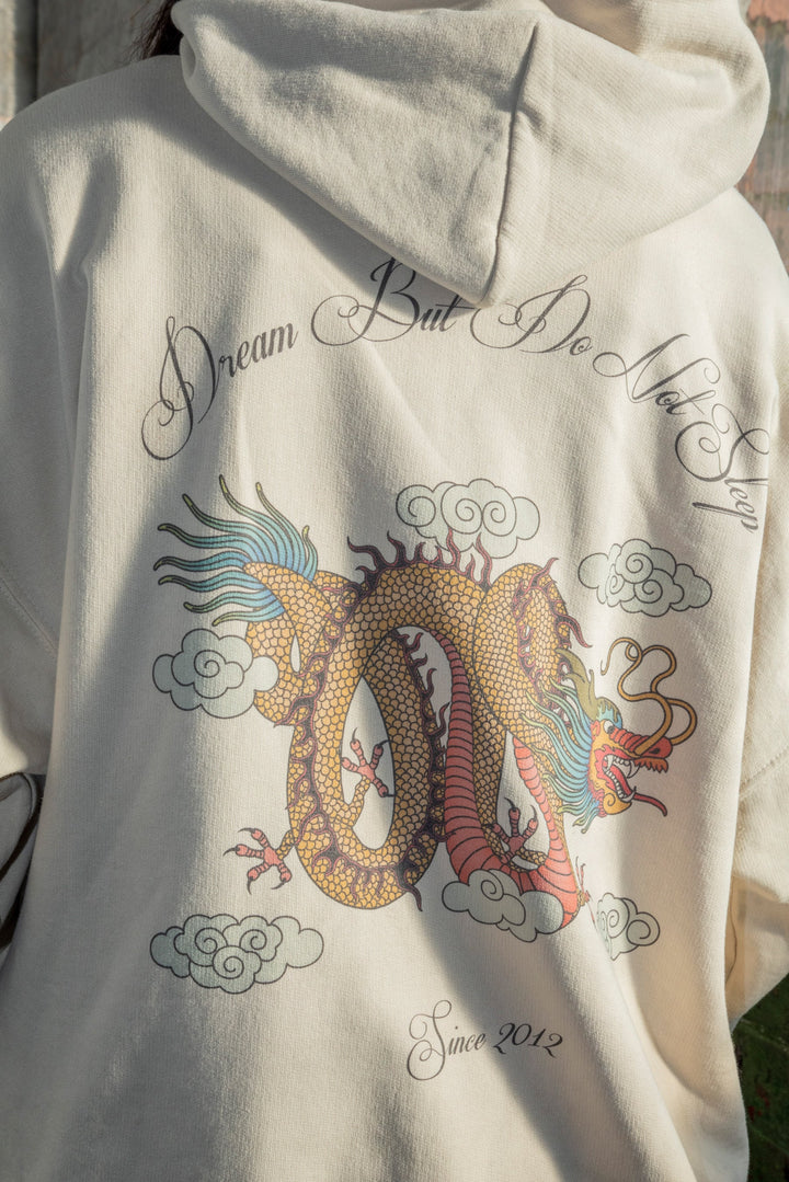 Hoodie in Sand With Chinese Dragon Print by Dreambutdonotsleep