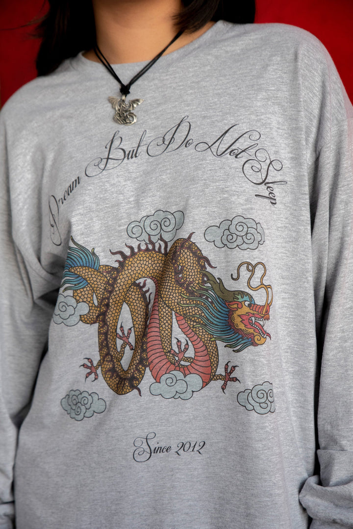 Long Sleeved T-shirt in Heather Grey With Chinese Dragon Print by Dreambutdonotsleep