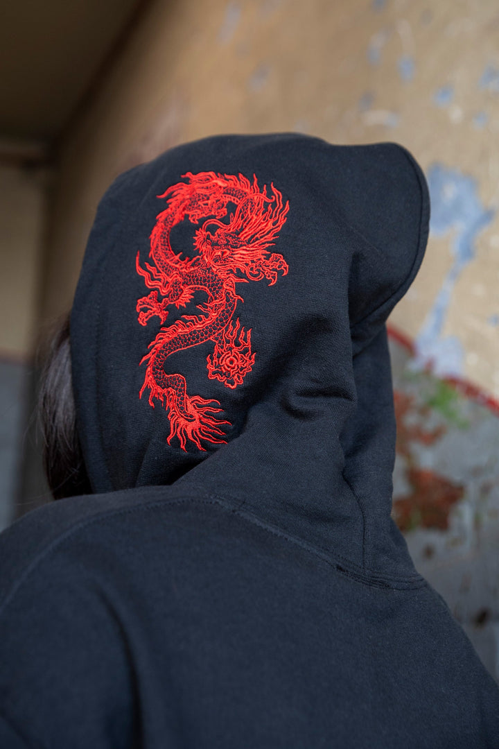 Hoodie in Black with Red Dragon Embroidery by Dreambutdonotsleep