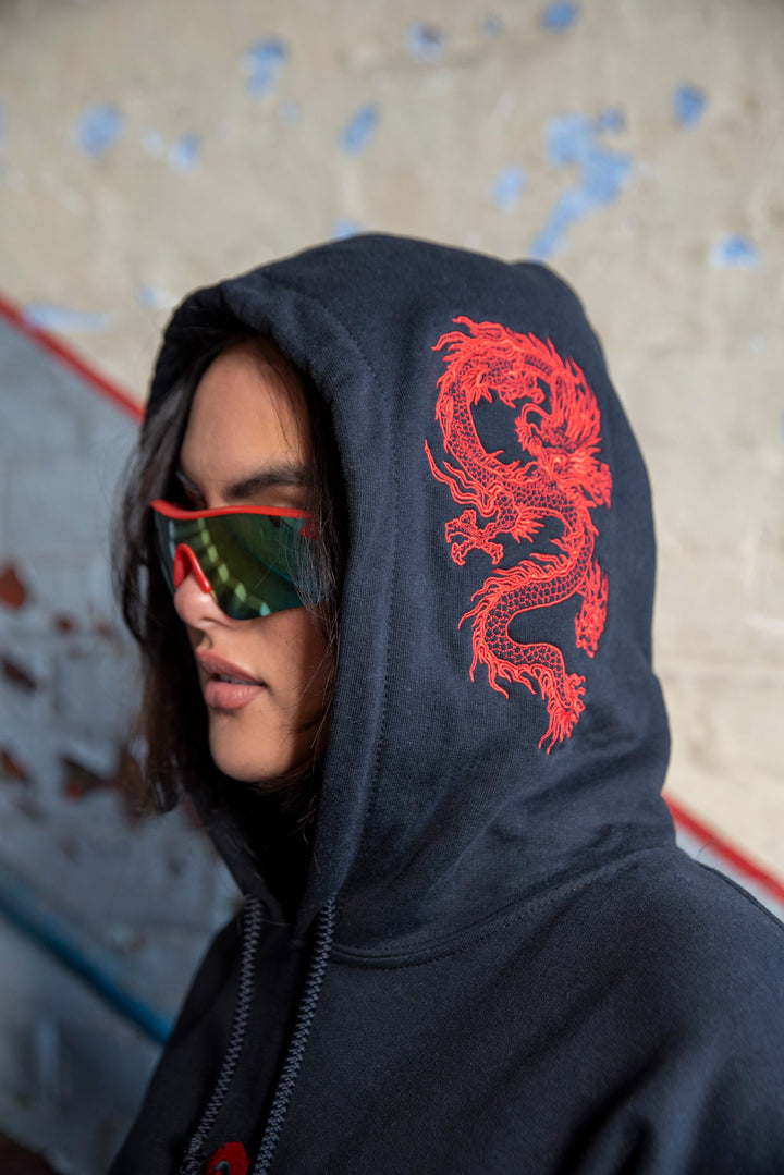 Hoodie in Black with Red Dragon Embroidery by Dreambutdonotsleep