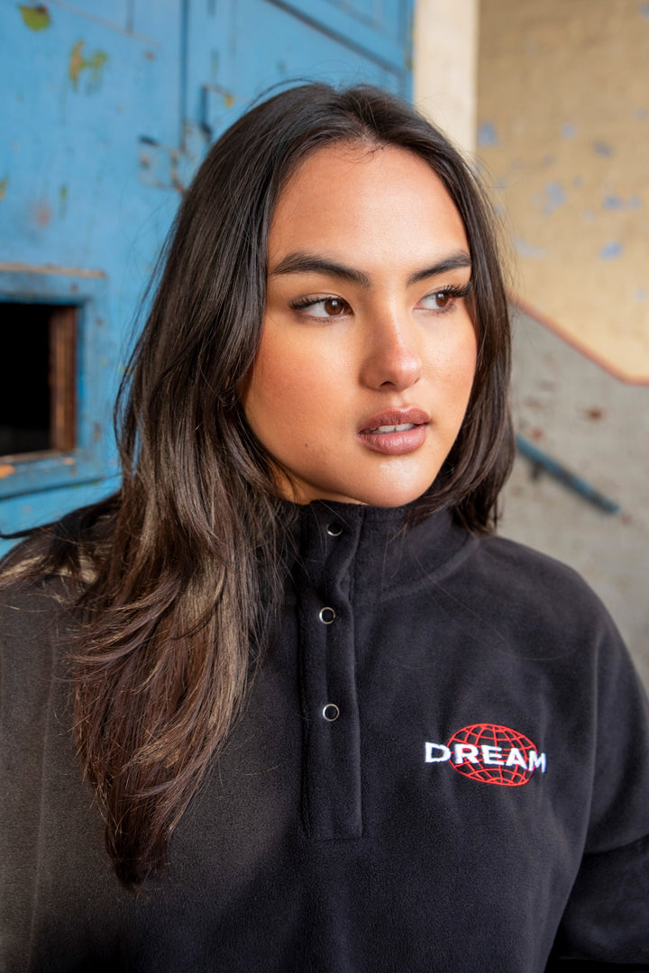 Cropped Fleece In Black With Dream Globe Embroidery by Dreambutdonotsleep