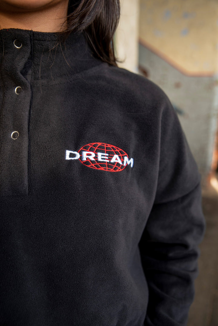 Cropped Fleece In Black With Dream Globe Embroidery by Dreambutdonotsleep