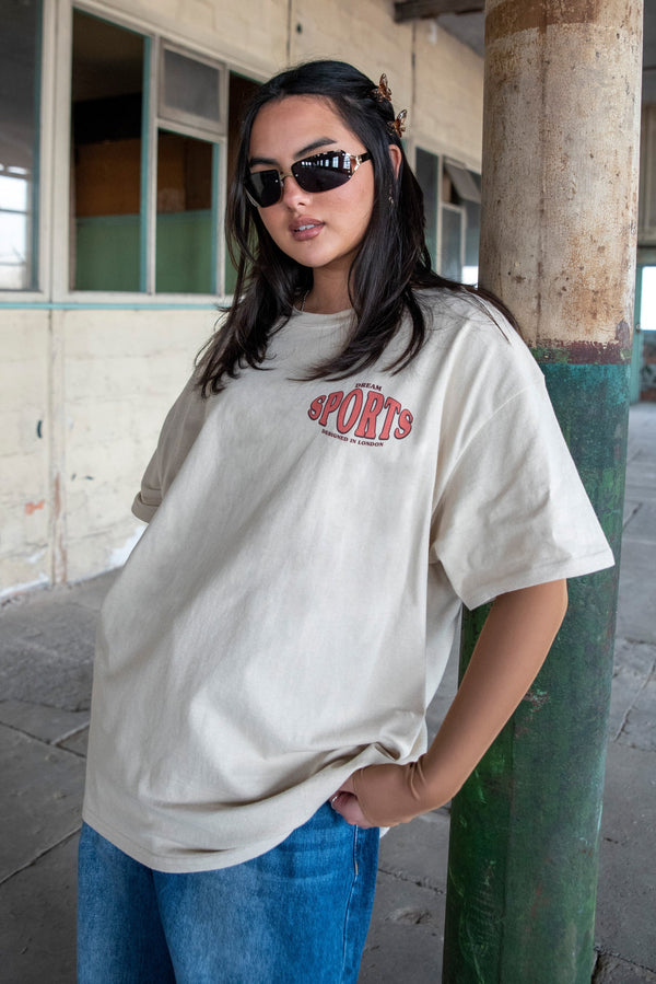 Short Sleeved T-Shirt in Sand with Dream Sports Designed in London Print by Dreambutdonotsleep