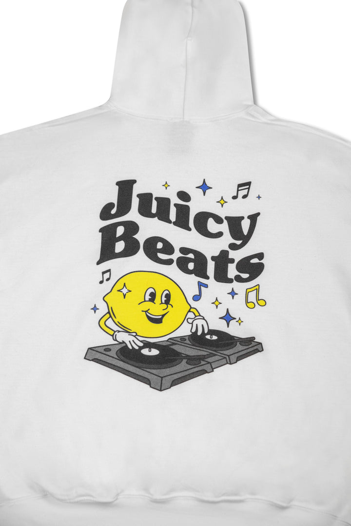 Hoodie in White with Juicy Beats Print by Dreambutdonotsleep