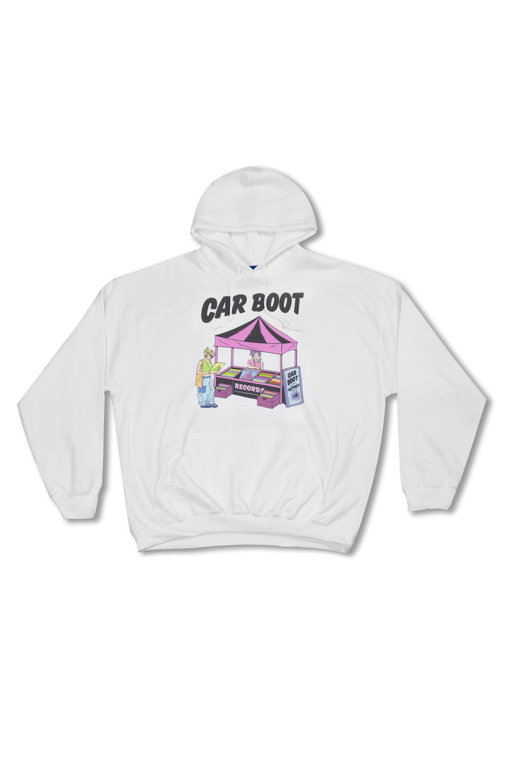 Hoodie in White with Car Boot Market Stall Print by Dreambutdonotsleep