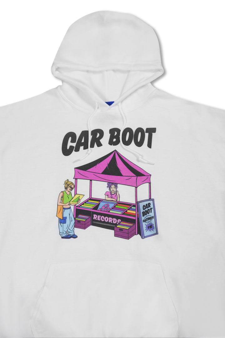 Hoodie in White with Car Boot Market Stall Print by Dreambutdonotsleep