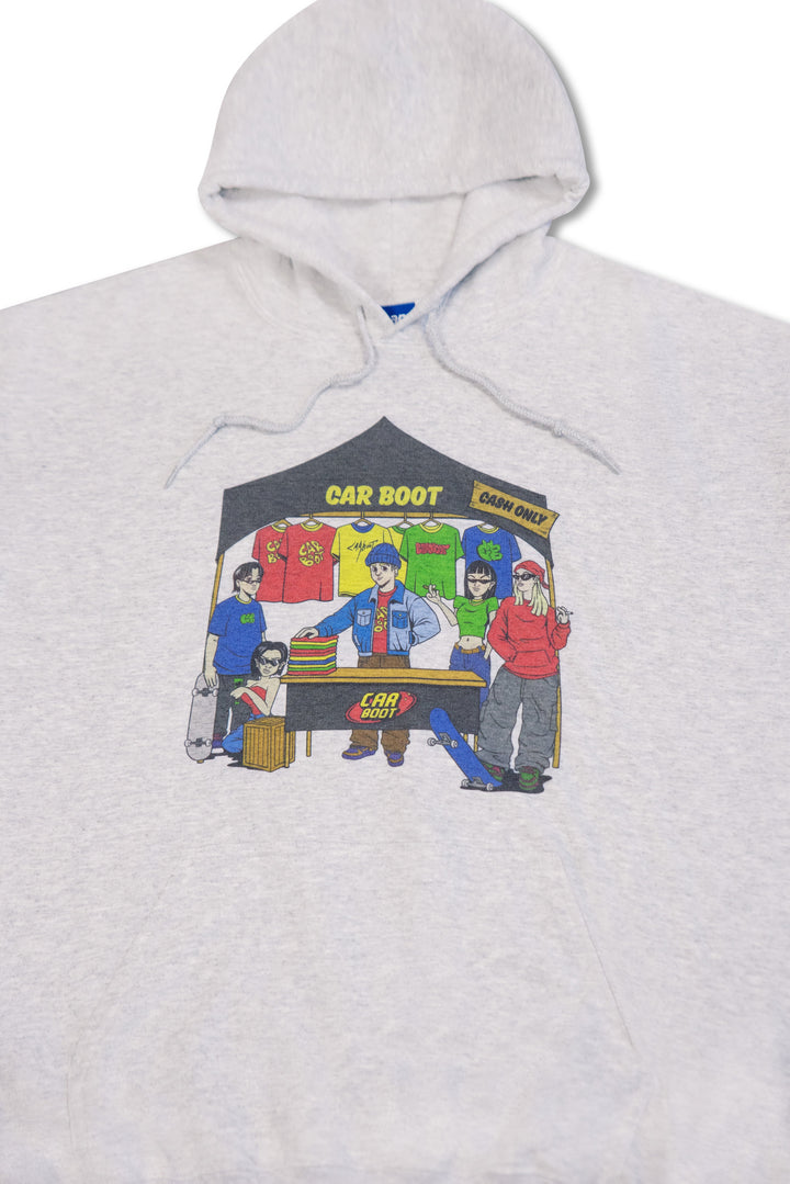 Hoodie in Ash Grey with Car Boot Market Stall Print by Dreambutdonotsleep