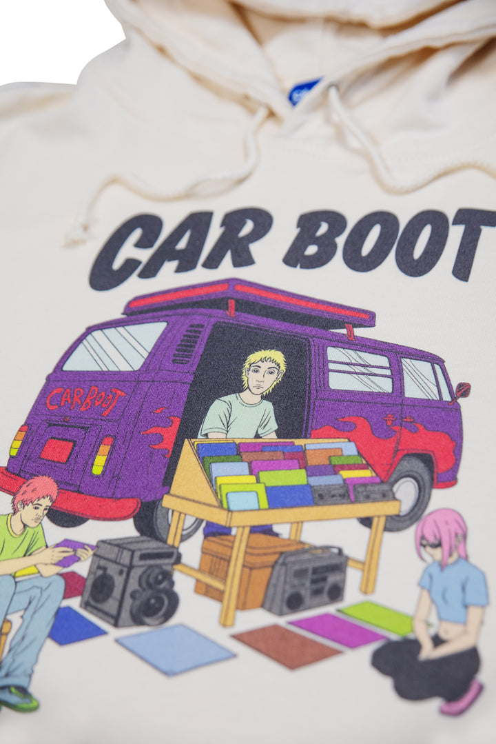 Hoodie in Vanilla Cream with Car Boot Campervan Print by Dreambutdonotsleep