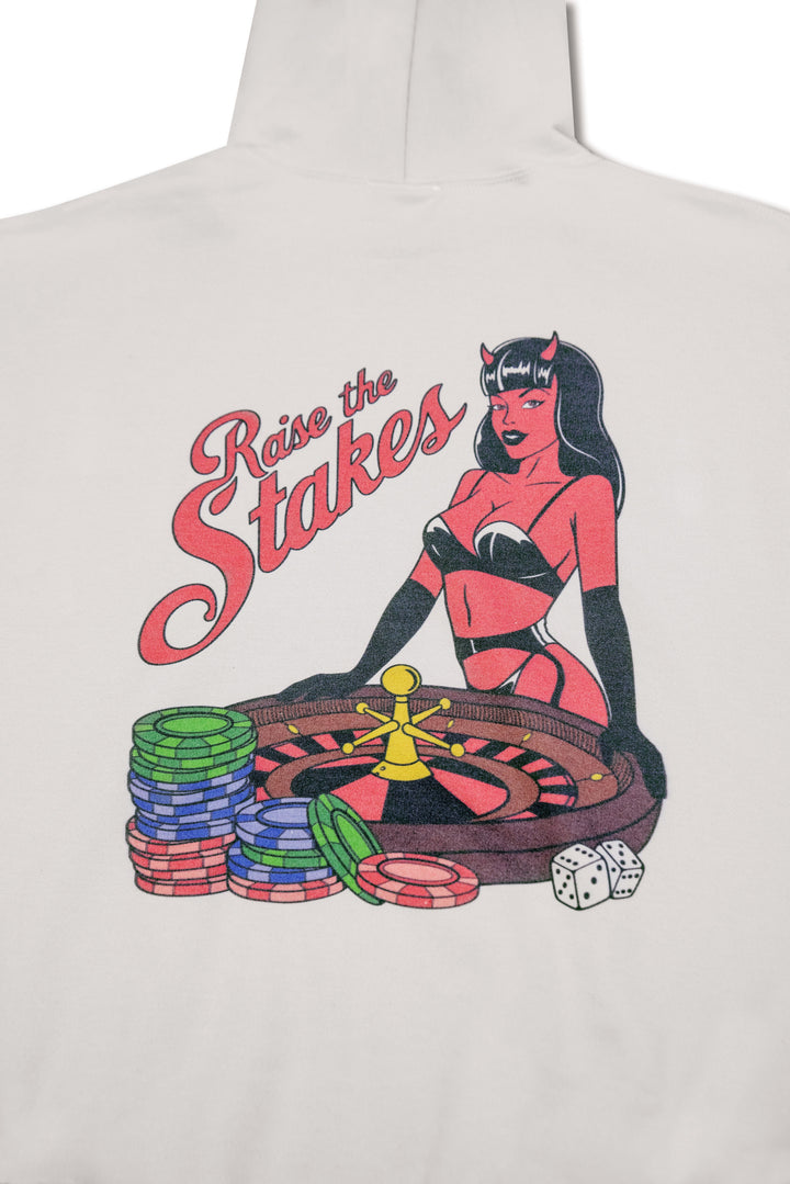 Hoodie in Sand with Raise The Steaks Roulette Print by Dreambutdonotsleep