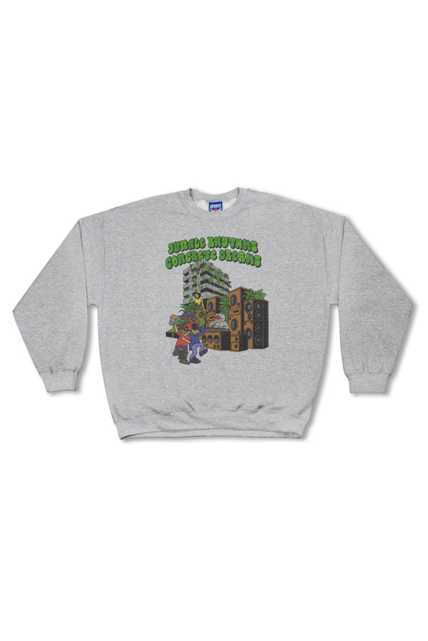 Sweatshirt in Heather Grey with Jungle Rhythms Concrete Dreams Print by Dreambutdonotsleep