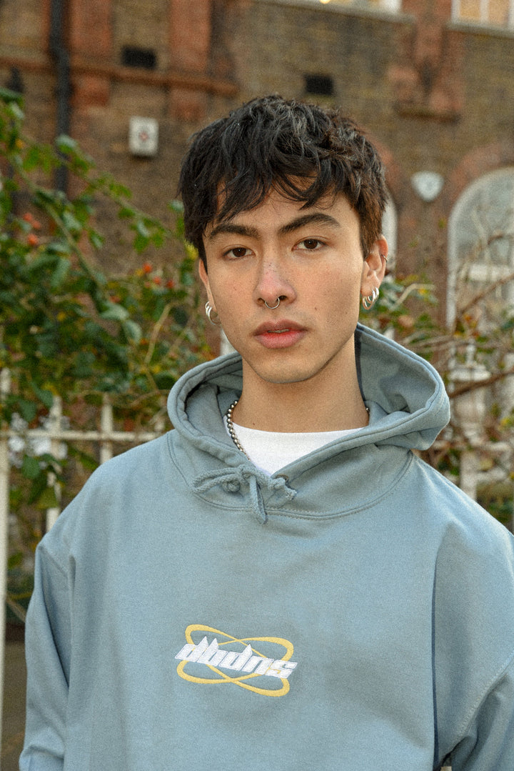 Hoodie in Dusty Blue with Futuristic Logo Embroidery by Dreambutdonotsleep