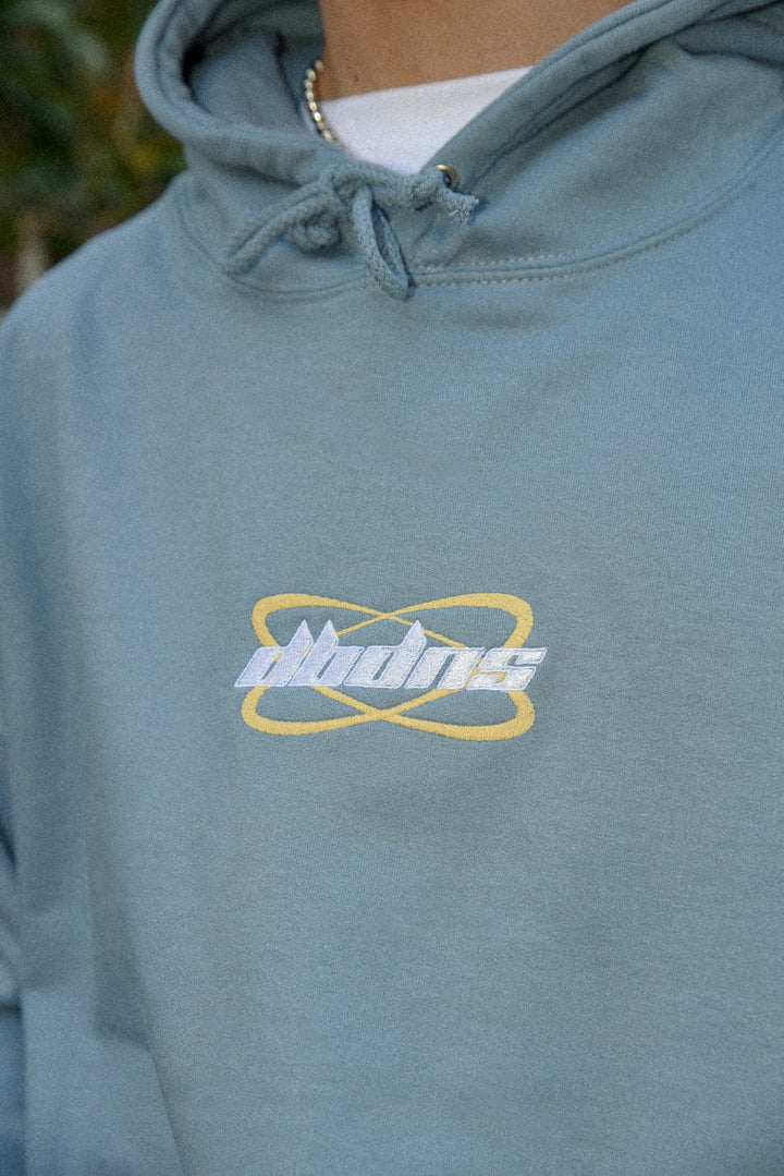 Hoodie in Dusty Blue with Futuristic Logo Embroidery by Dreambutdonotsleep