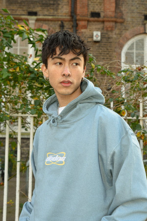 Hoodie in Dusty Blue with Futuristic Logo Embroidery by Dreambutdonotsleep