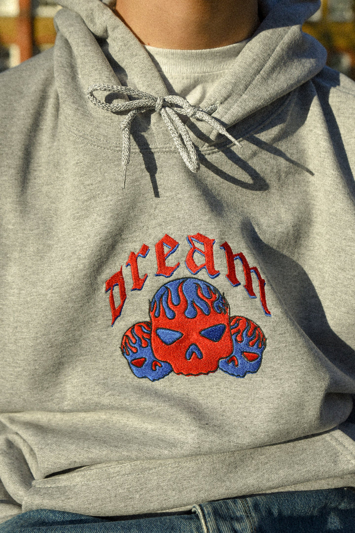 Hoodie in Heather Grey Flaming Skull Embroidery by Dreambutdonotsleep