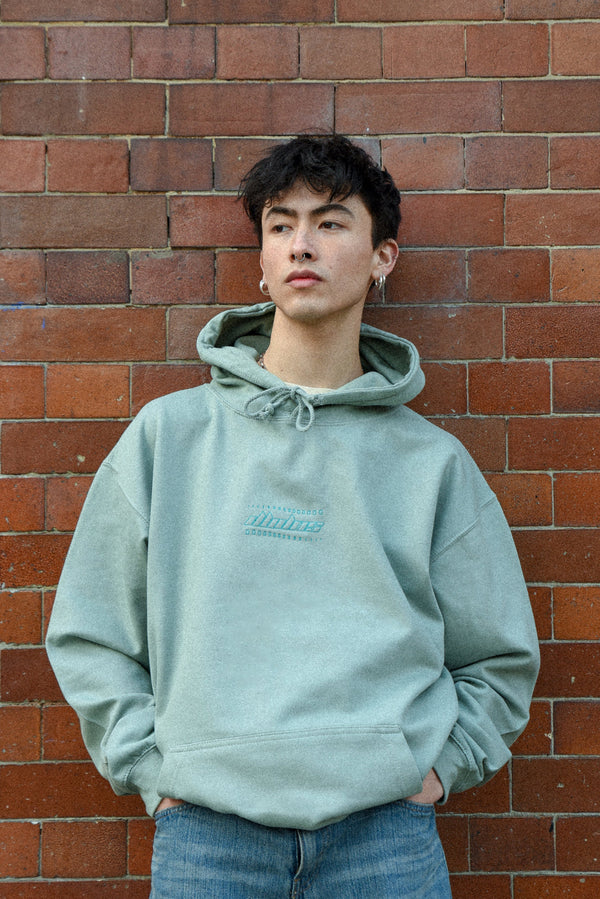 Hoodie in Dusty Green with Futuristic Logo Embroidery by Dreambutdonotsleep