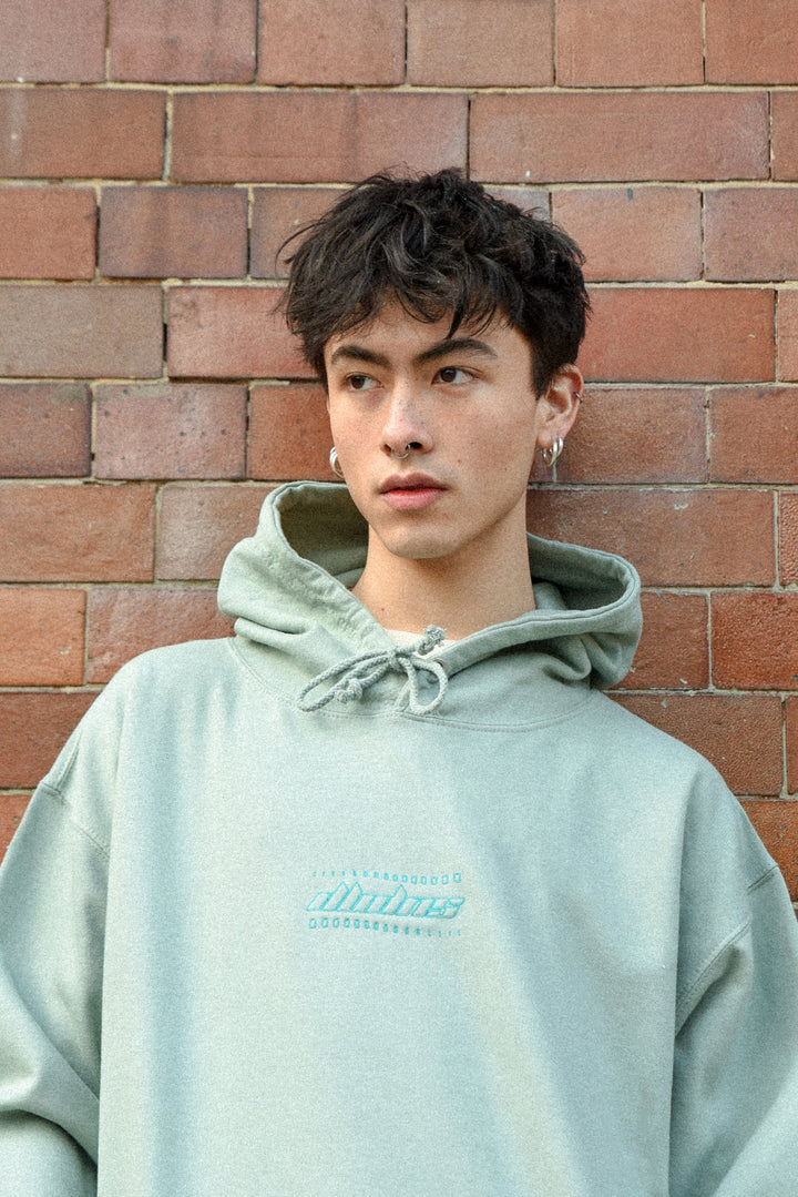 Hoodie in Dusty Green with Futuristic Logo Embroidery by Dreambutdonotsleep