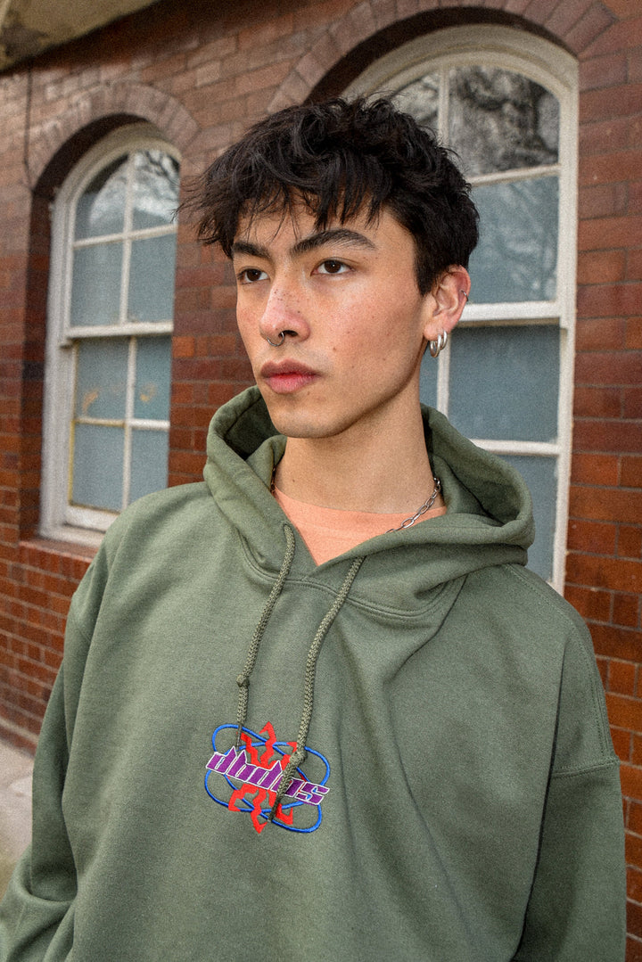 Hoodie in Military Green with Futuristic Logo Embroidery by Dreambutdonotsleep