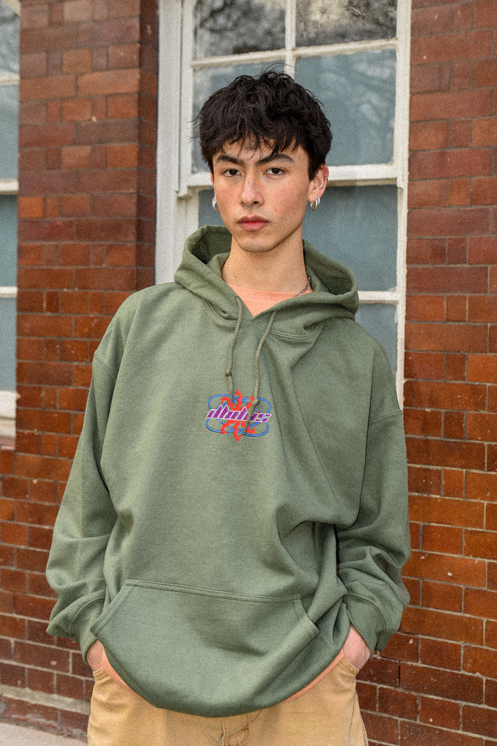 Hoodie in Military Green with Futuristic Logo Embroidery by Dreambutdonotsleep