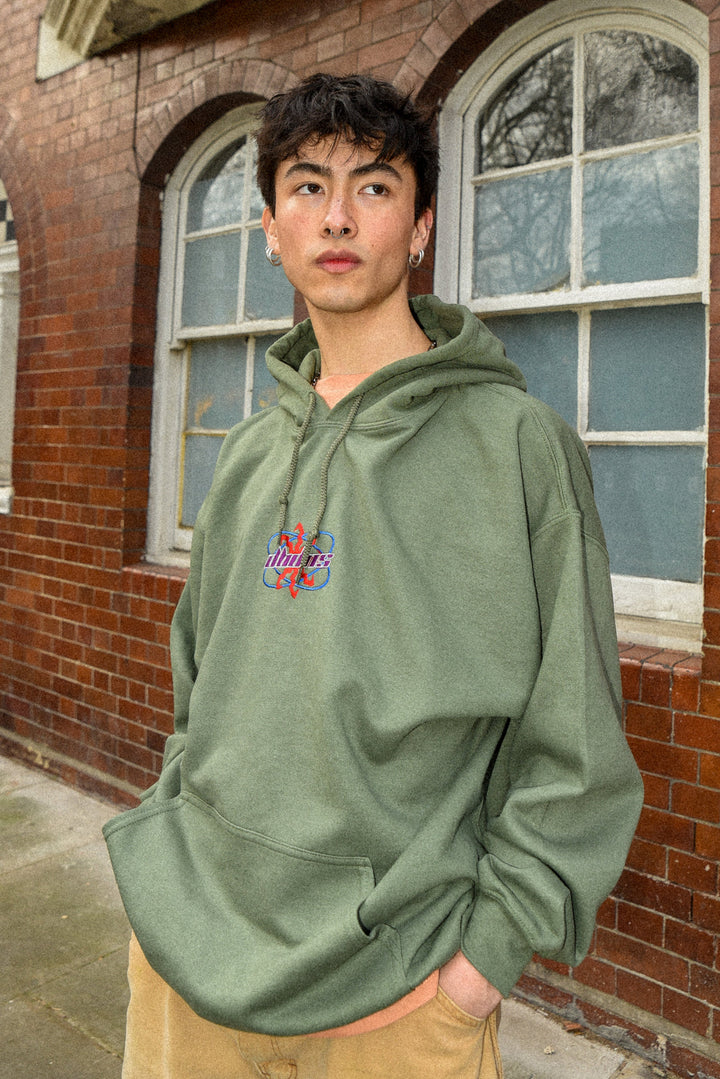 Hoodie in Military Green with Futuristic Logo Embroidery by Dreambutdonotsleep