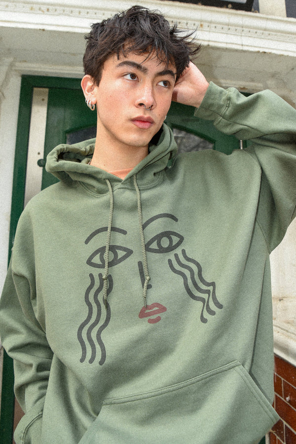 Hoodie in Military Green with Athena Print-0