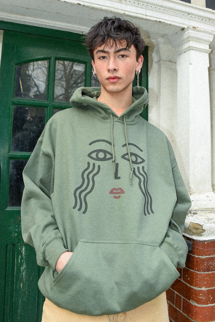 Hoodie in Military Green with Athena Print by Dreambutdonotsleep