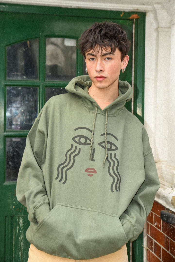 Hoodie in Military Green with Athena Print by Dreambutdonotsleep