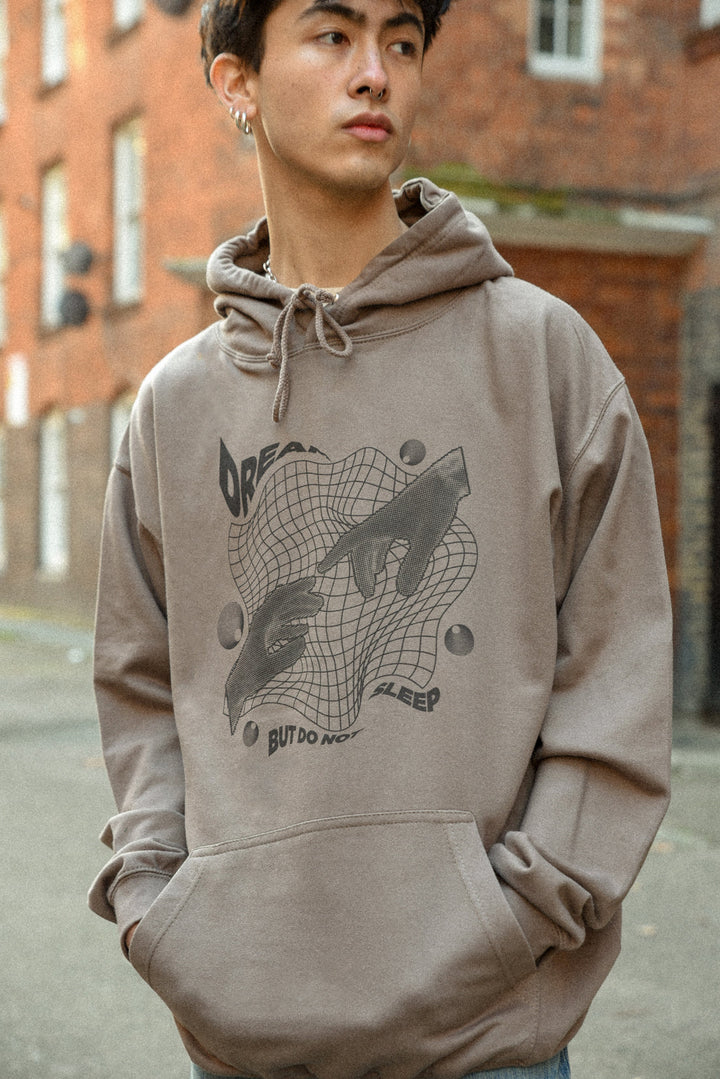 Hoodie in Mocha with Sci Fi Rave Hands Print by Dreambutdonotsleep