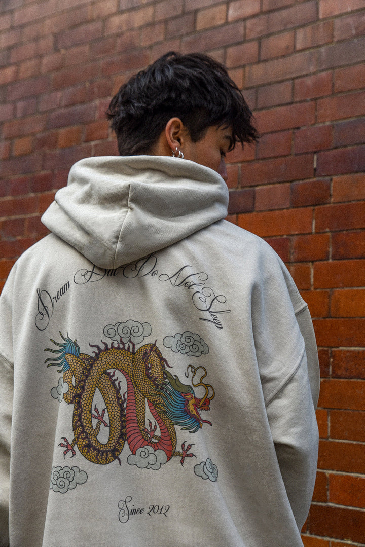 Hoodie in Sand with Chinese Dragon Print by Dreambutdonotsleep