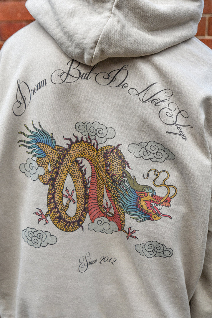 Hoodie in Sand with Chinese Dragon Print by Dreambutdonotsleep