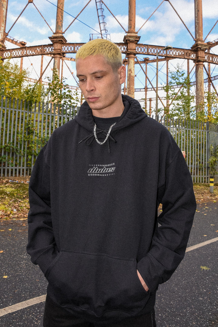 Hoodie in Black with DBDNS Futuristic Logo Embroidery by Dreambutdonotsleep