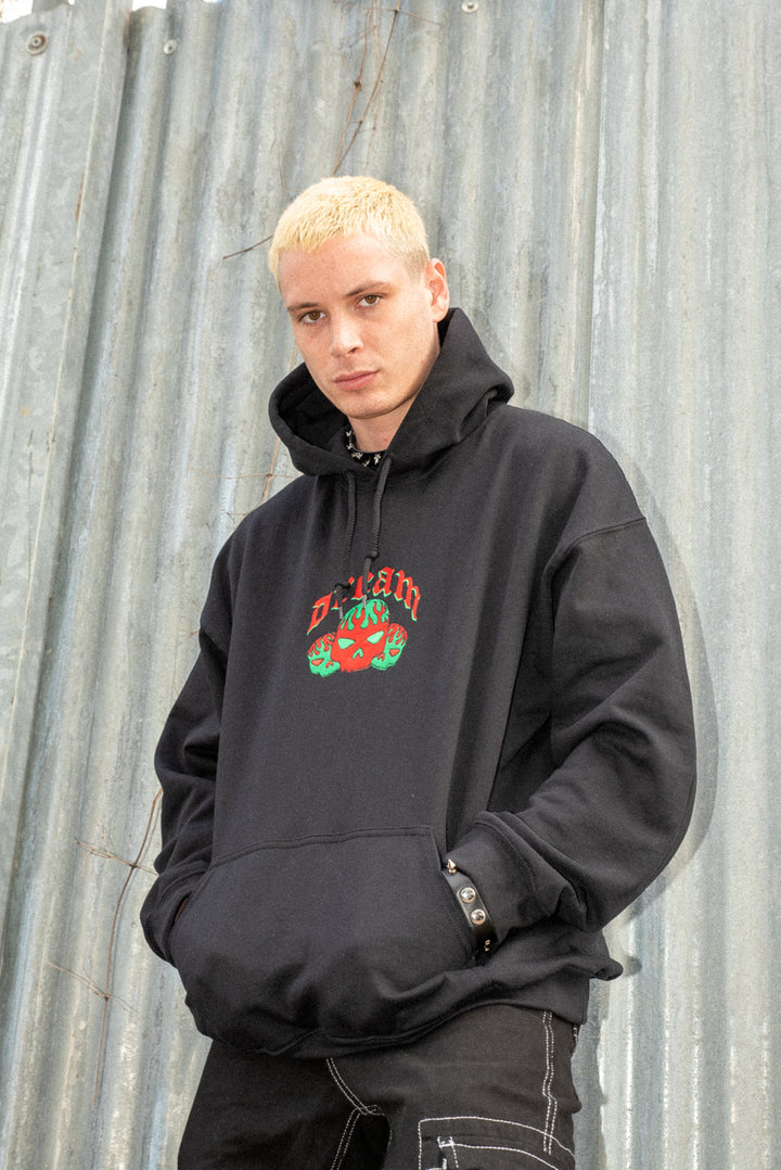 Hoodie in Black With Flaming Skull Embroidery by Dreambutdonotsleep